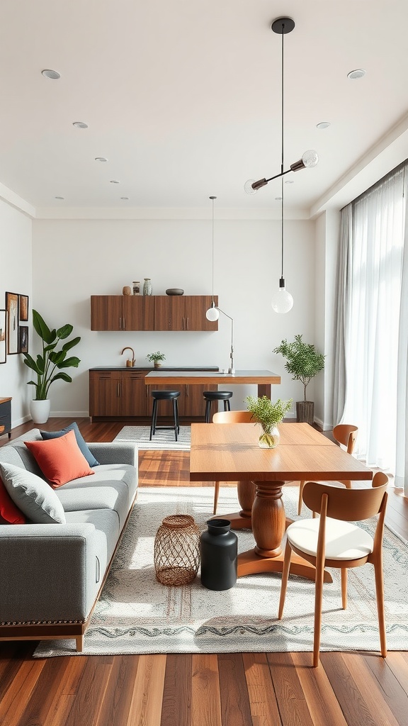 A modern living room and dining room combo featuring a cozy sofa, multi-functional dining table, stylish chairs, and clever storage solutions.