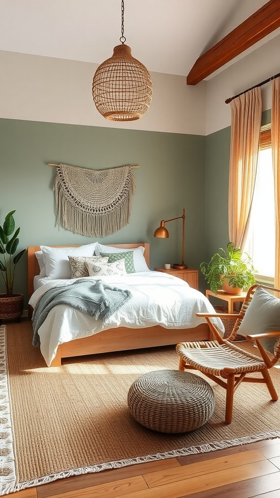 A cozy boho style bedroom decorated with sage green walls, a jute rug, and natural textiles.