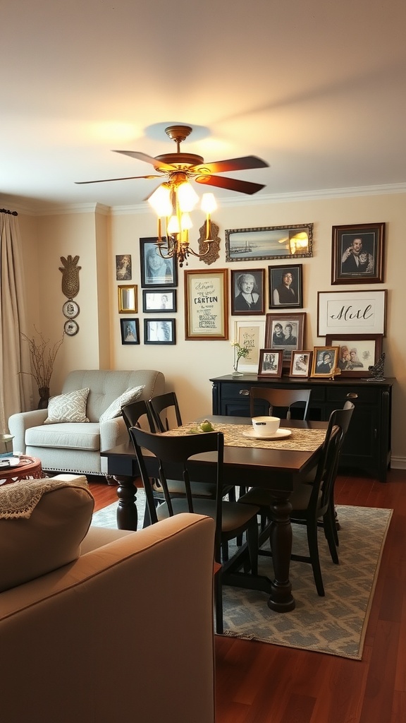 A cozy Living Room & Dining Room Combo featuring framed pictures on the wall, a comfortable sofa, and a dining table.