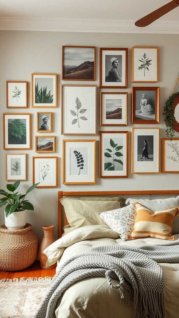 A gallery wall with various framed artwork and photographs in a boho style bedroom featuring sage green elements.