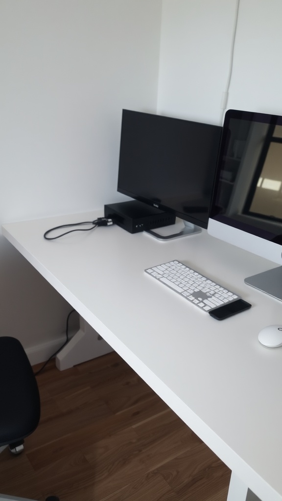 A modern home office setup with a clean desk, monitor, and neatly arranged cables.