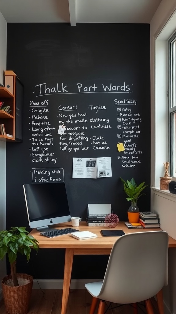 A tiny home office featuring a chalkboard wall filled with notes and a simple desk setup.