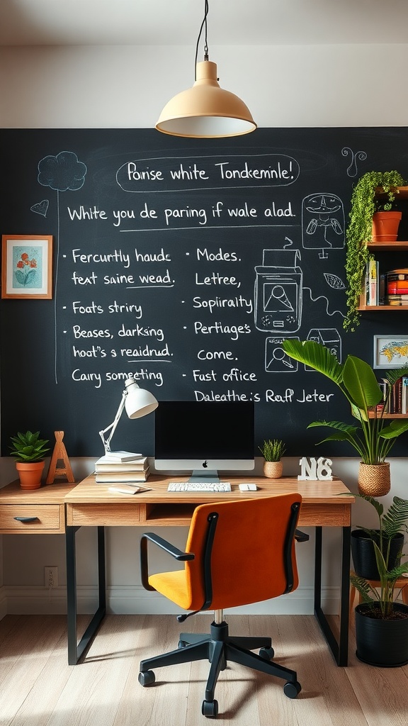 A home office with a chalkboard wall filled with notes and drawings, a wooden desk, an orange chair, and plants.
