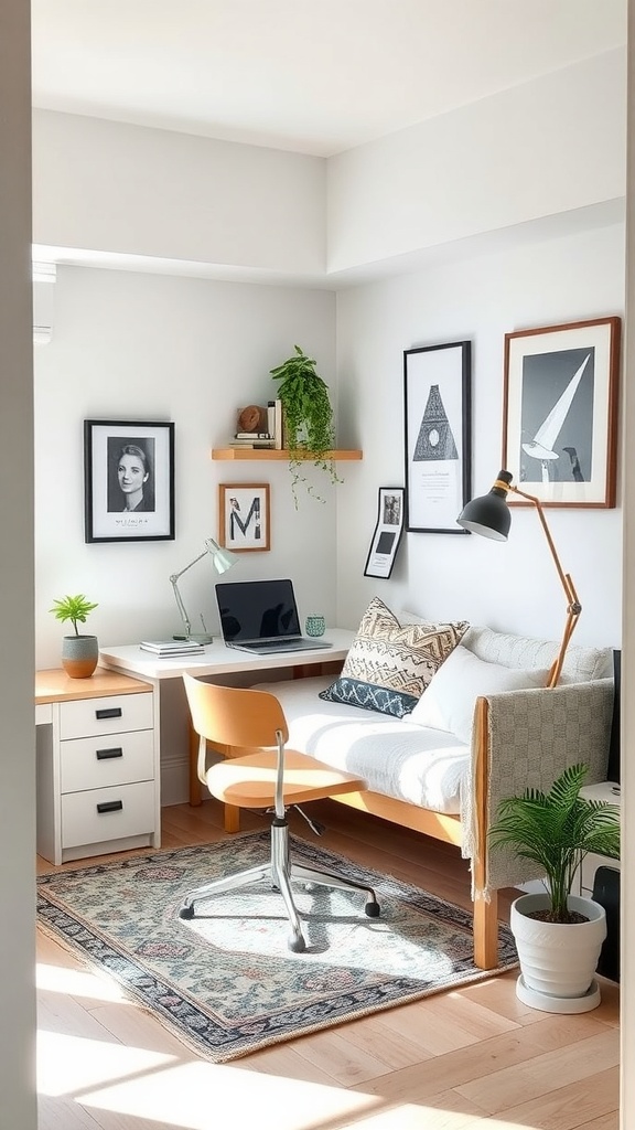 A cozy tiny home office featuring a daybed, desk, and plants, creating a relaxing work environment.