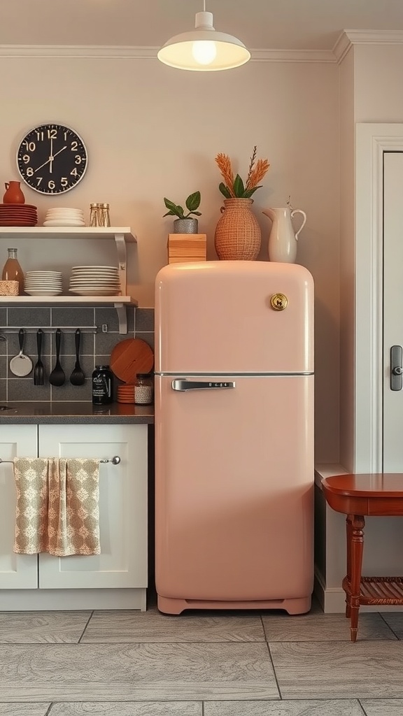 A cozy small kitchen featuring a retro pink fridge, wooden shelves with dishware, and plants.