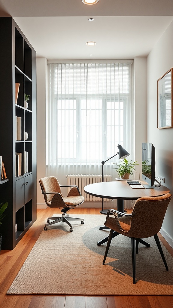 A small home office featuring a round table, comfortable chairs, and large windows with natural light.