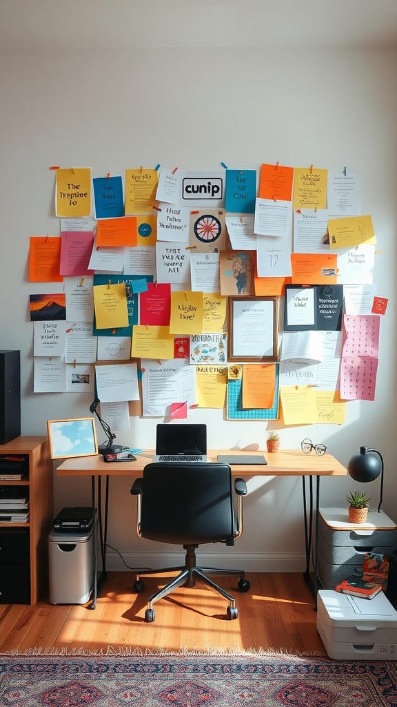 A home office setup featuring a vision board filled with colorful notes and reminders on the wall, alongside a modern desk and chair.
