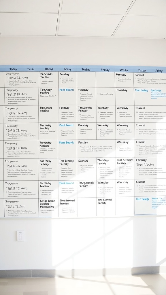 A large wall calendar filled with tasks and events, showing an organized layout for easy planning.