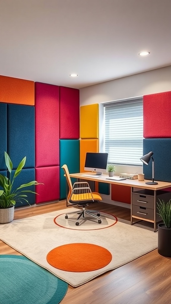 A colorful home office featuring acoustic panels on the walls, a desk with a chair, and decorative plants.