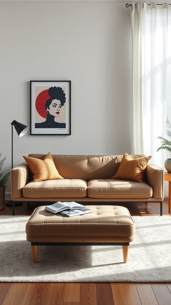 A cozy home office setup with a stylish couch and ottoman, showcasing a warm and inviting atmosphere.