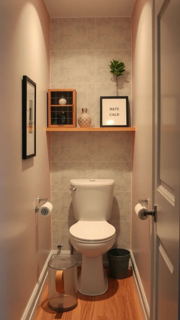 A small bathroom with built-in shelving above the toilet, featuring decorative items and a plant.