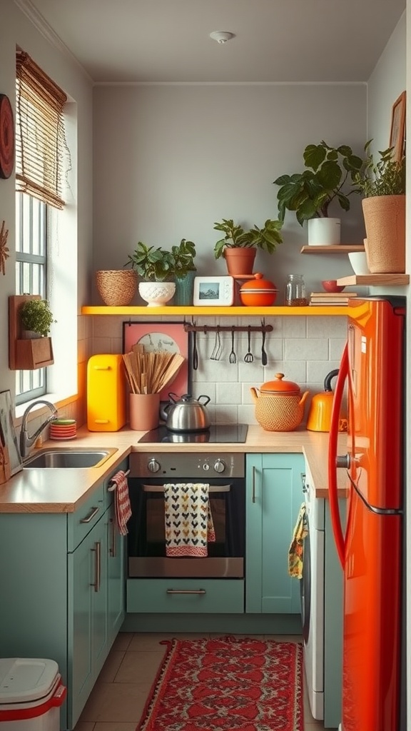 A small kitchen with teal cabinets, orange fridge, colorful accessories, and plants.