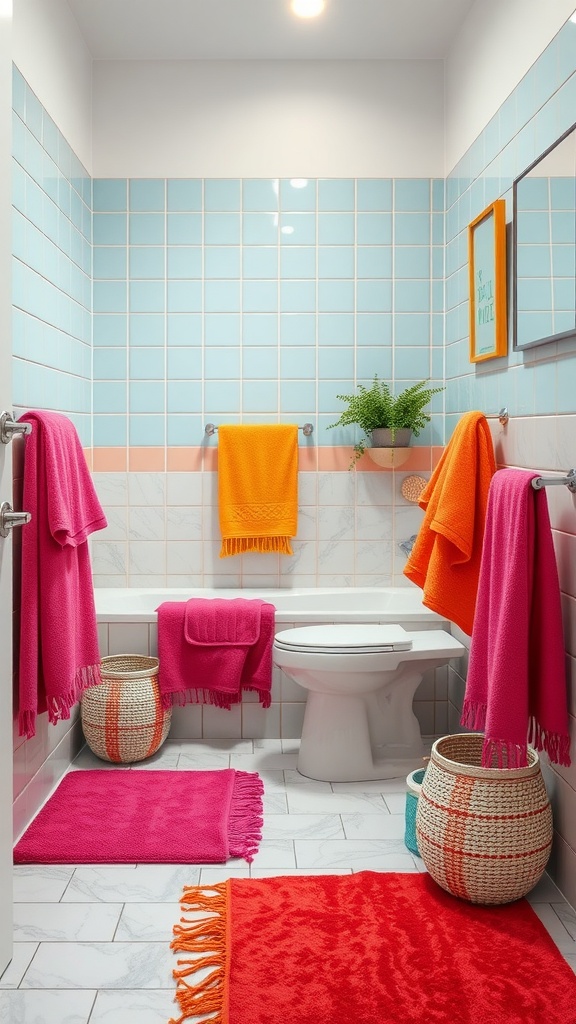 A colorful bathroom with bright towels, rugs, and plants.
