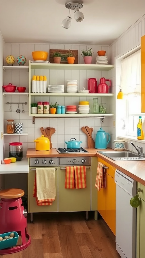 A small kitchen with colorful kitchenware, including red bowls, yellow pots, and blue kettles on shelves.