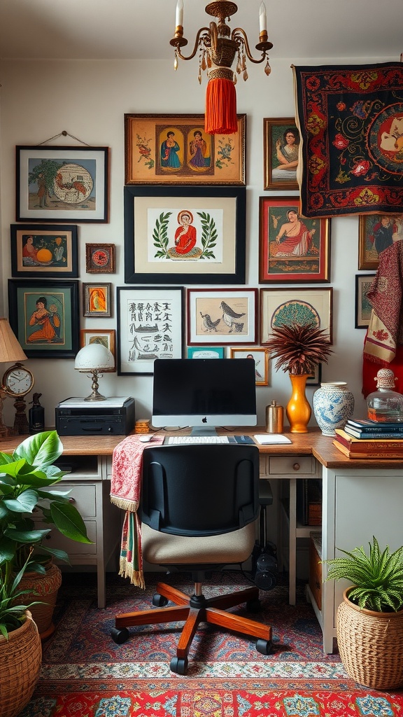 A stylish home office featuring a desk, computer, various framed artworks on the wall, plants, and a colorful rug.
