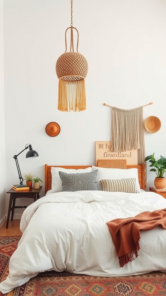 A cozy boho-style bedroom featuring a woven pendant light, minimalistic bedding, and cultural decor elements.