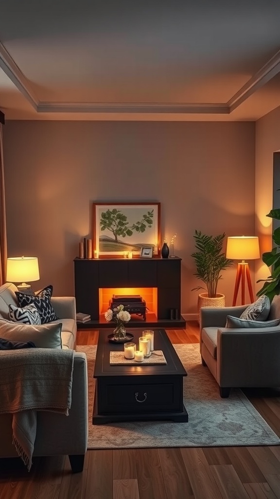 Cozy living room with soft lighting, including lamps and candles