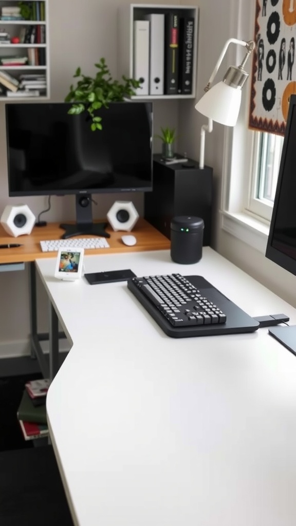 A modern home office setup featuring an ergonomic keyboard, monitor at eye level, and a touch of greenery.