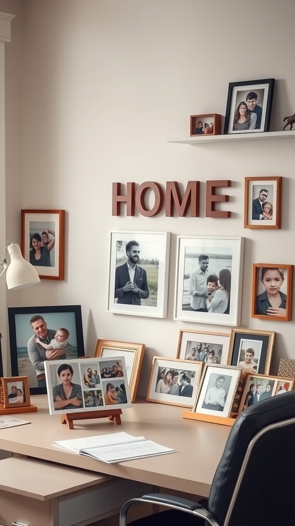 Cozy home office with family photos on the wall and desk