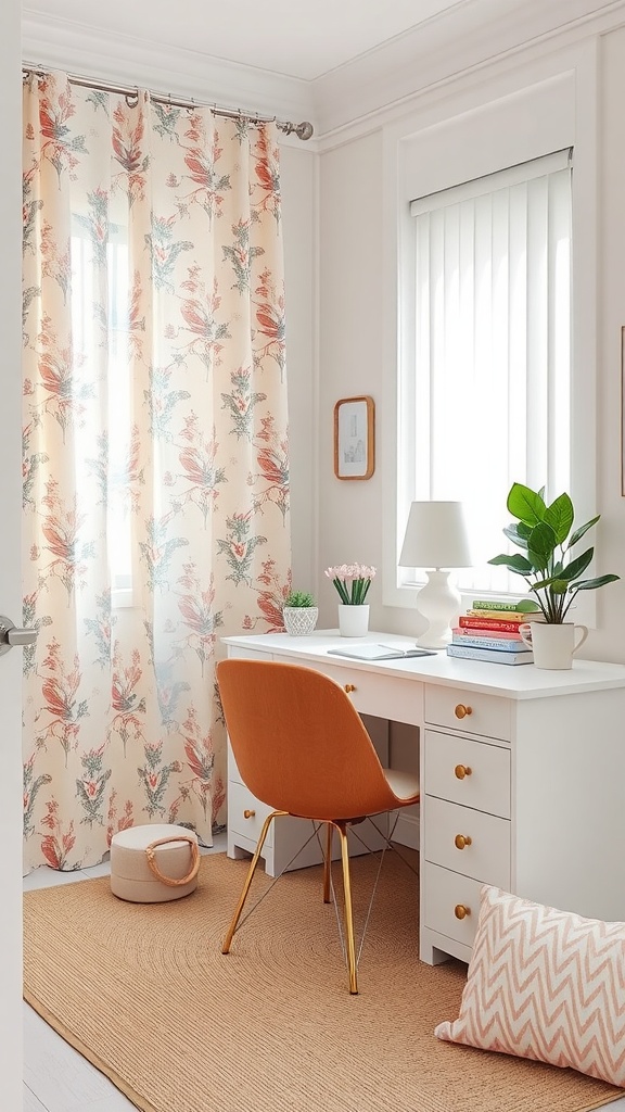 A feminine small home office featuring floral curtains, a stylish desk, an orange chair, and potted plants.