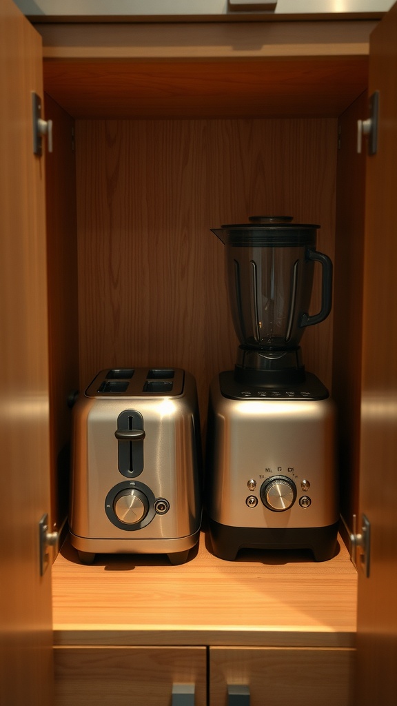 A compact toaster and blender stored in a wooden cabinet