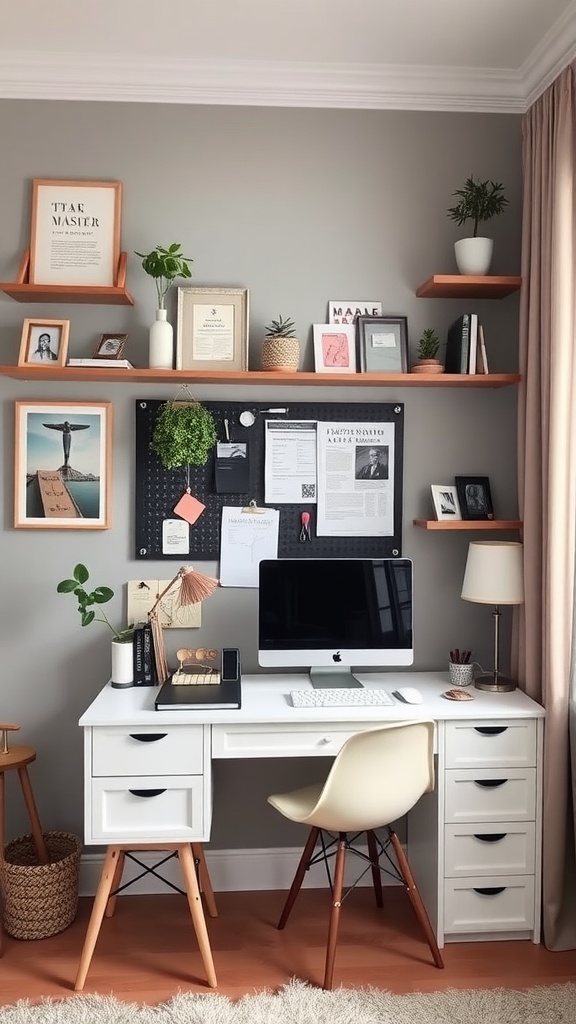 A feminine small home office featuring a white desk, a computer, and functional wall art with shelves and framed pictures.