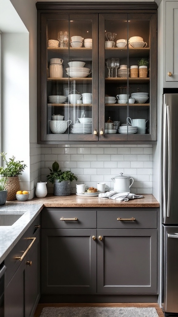 Small kitchen with glass cabinet doors showcasing dishware