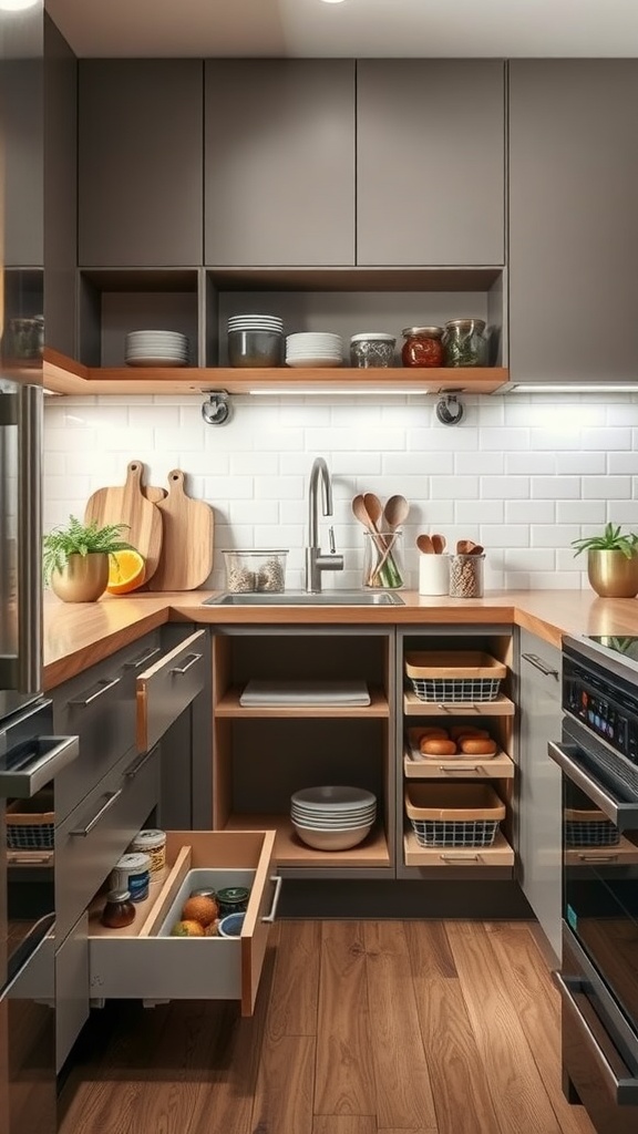A small kitchen with hidden storage solutions including pull-out drawers and open shelving.