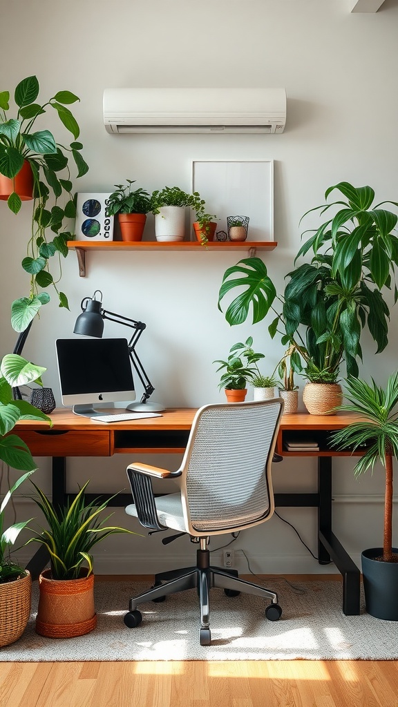 Cozy home office with a wooden desk, modern chair, and various indoor plants