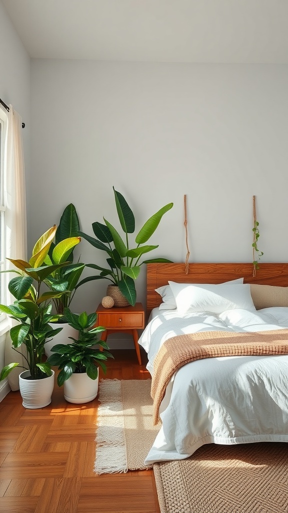 A cozy master bedroom with indoor plants, featuring a wooden bed and light-colored bedding.