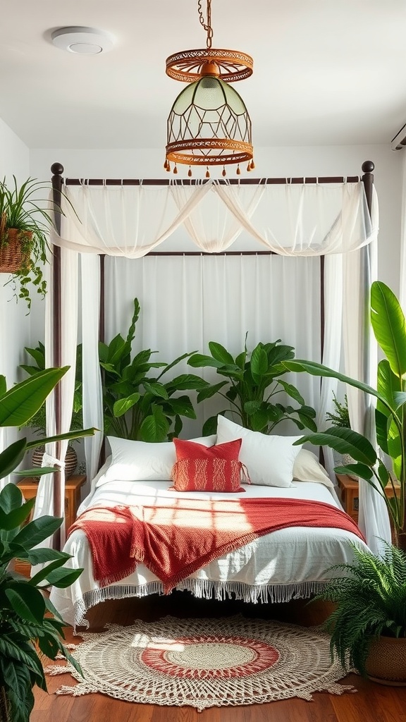 A serene Boho bedroom with a canopy bed, surrounded by lush indoor plants and warm lighting.