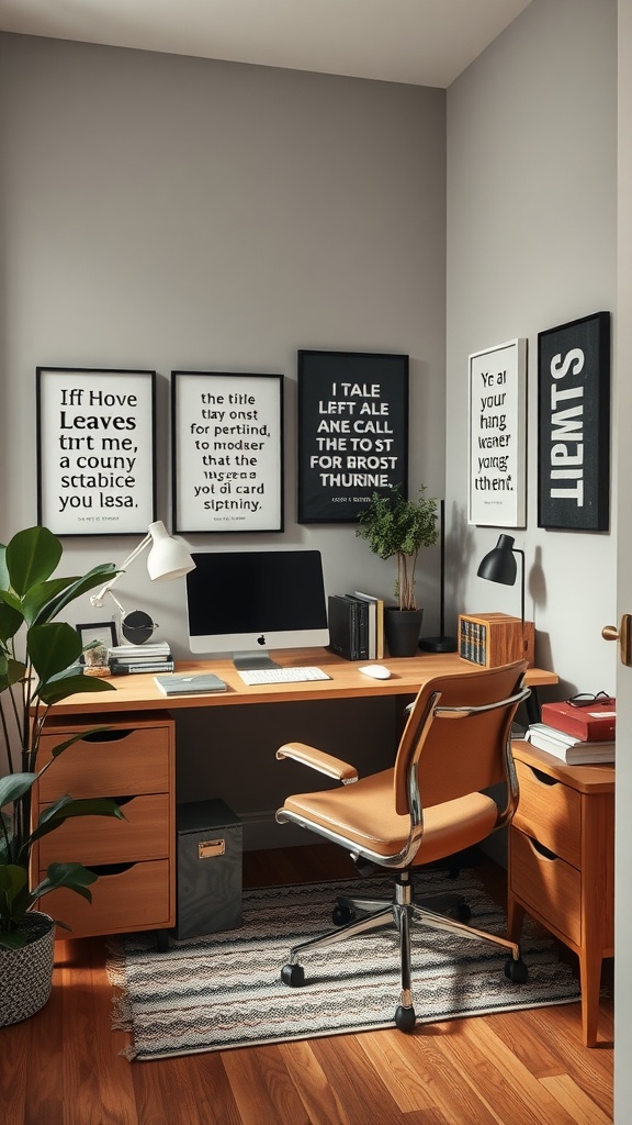 A small home office with a wooden desk, computer, and framed inspirational quotes on the wall.