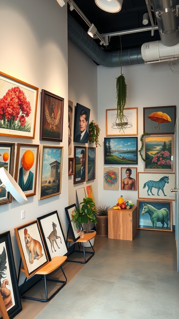 A small office interior featuring an array of framed artworks on the walls, including landscapes, portraits, and animal illustrations, complemented by plants and modern seating.