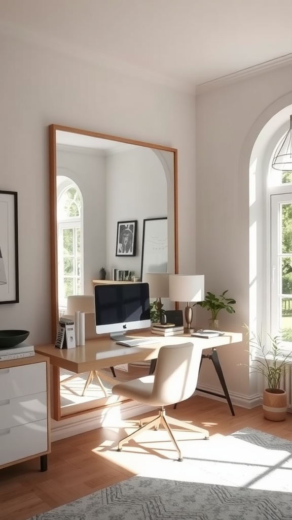 Home office with a mirror reflecting natural light, a desk, a chair, and plants.