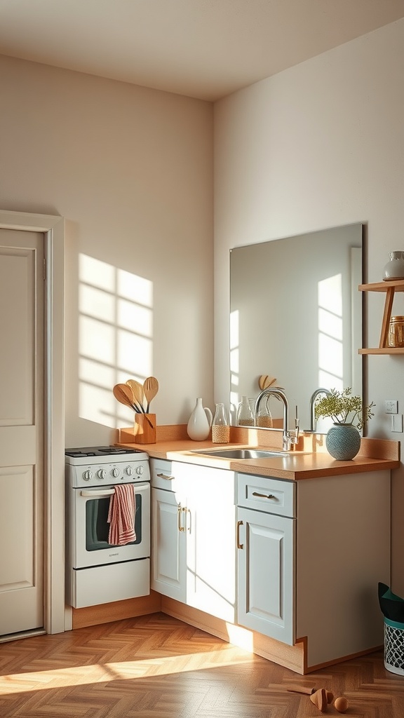 A small kitchen with a mirror reflecting light, bright walls, and a clean, organized look.