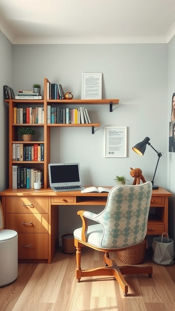 Cozy small home office with a wooden desk, a comfortable chair, shelves filled with books, and a laptop.