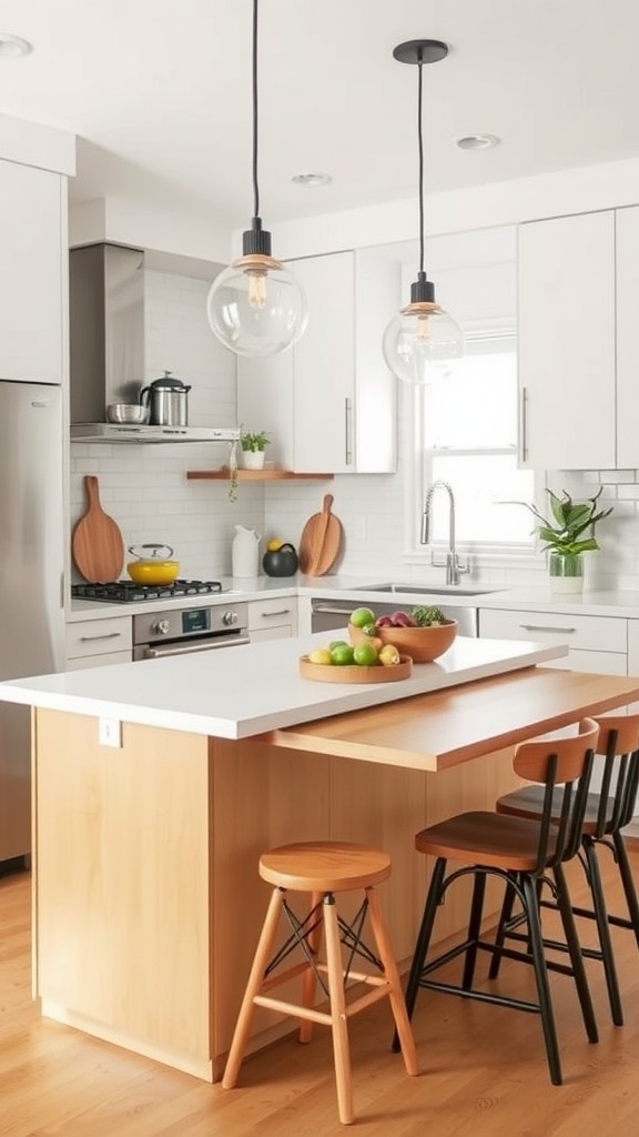 A modern small kitchen with a multi-functional island and warm wood tones.