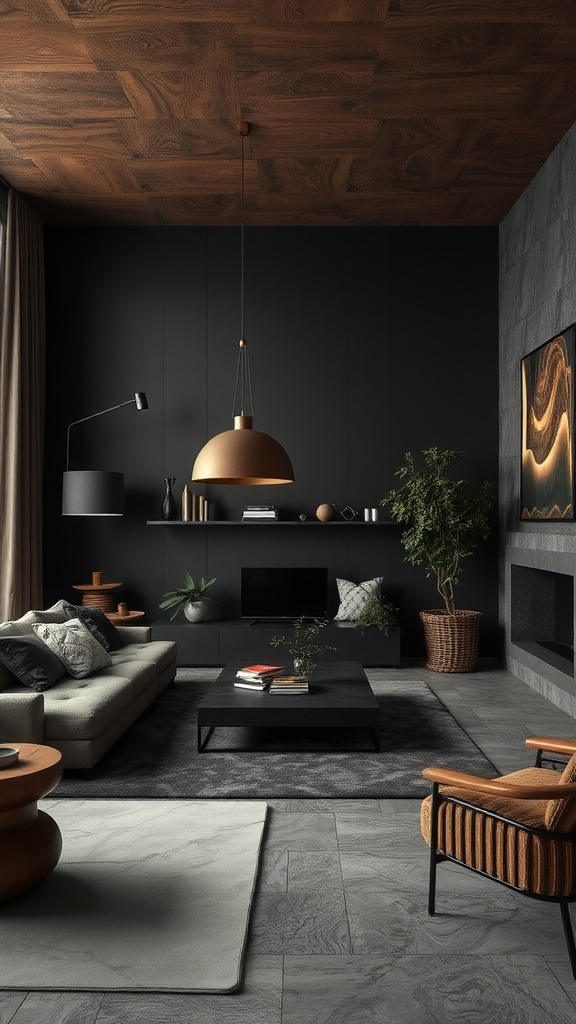 A stylish living room featuring dark walls, wooden ceiling, plants, and cozy furniture.