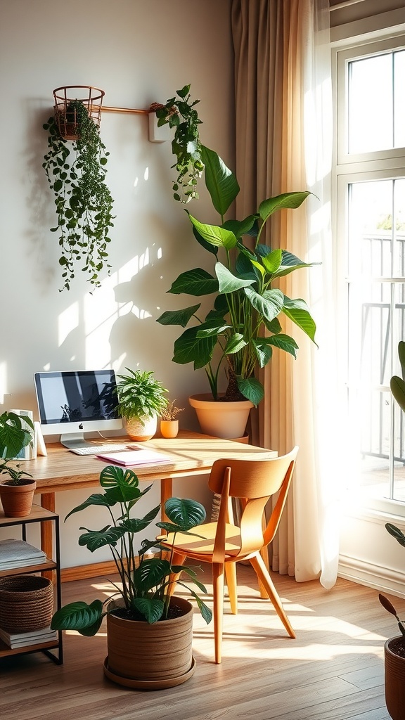 Bright home office with various indoor plants and a wooden desk