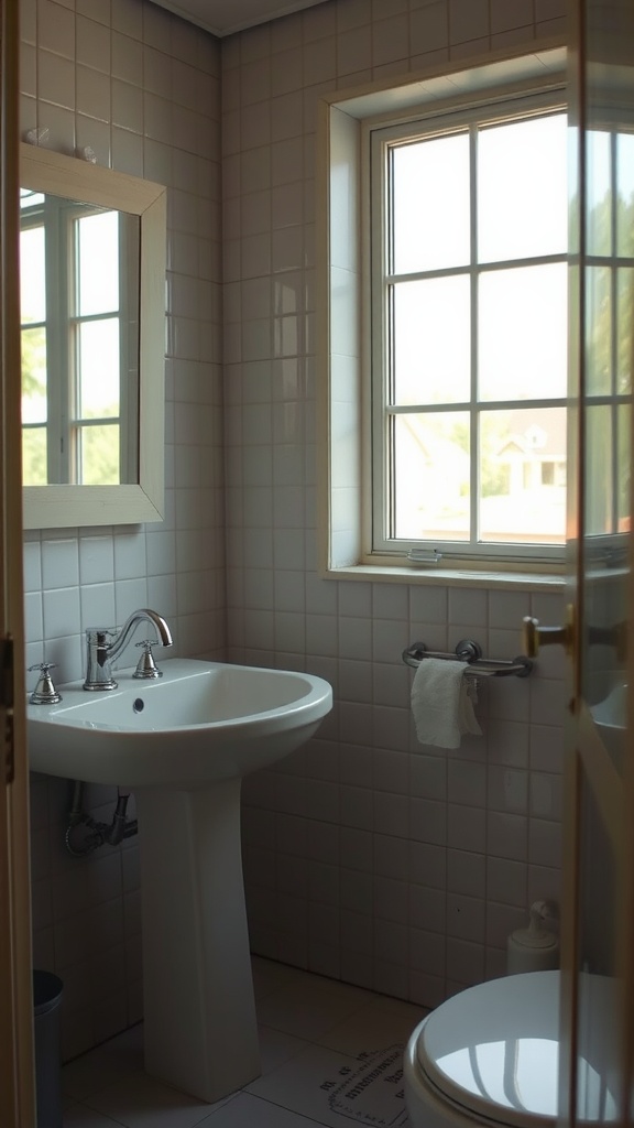 A small bathroom with a window allowing natural light, featuring a sink and a mirror.