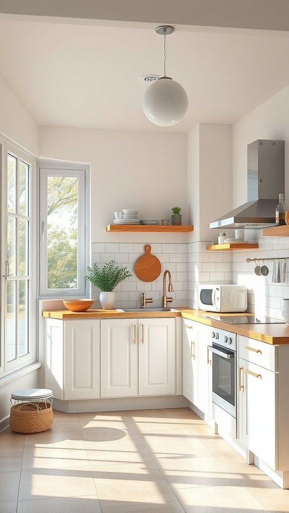 Light and airy tiny kitchen with large windows and wooden countertops