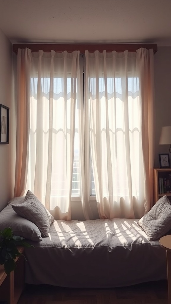 Soft sheer curtains allowing natural light into a cozy living space.