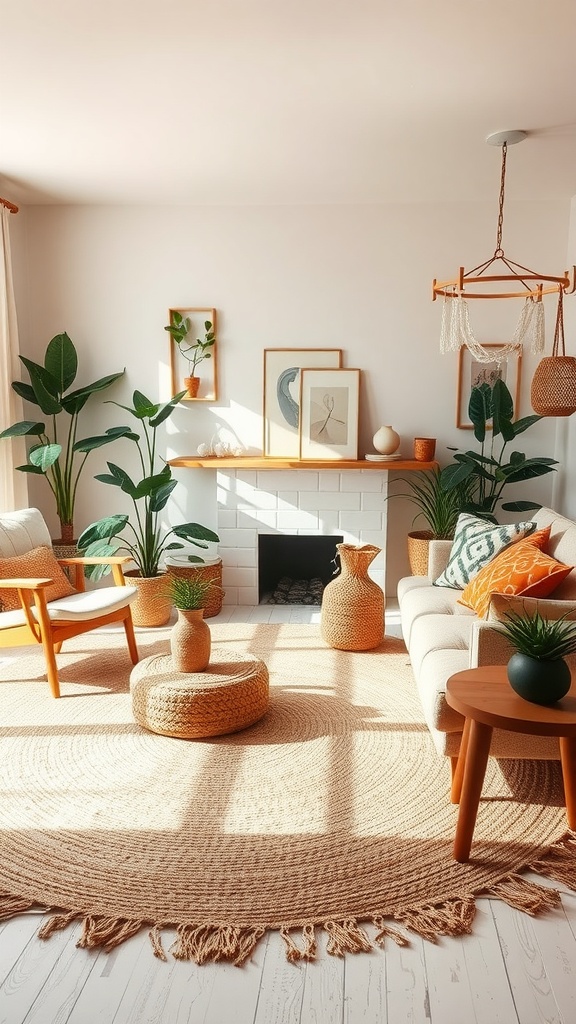 A bright living room with a woven rug, wooden furniture, and various houseplants.