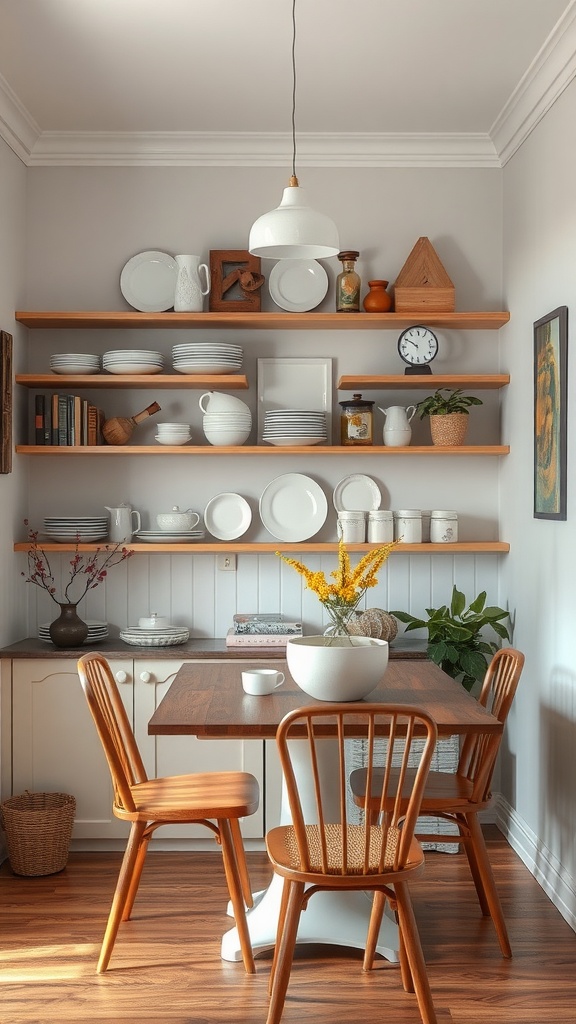 Small cozy living dining room combo with open shelving displaying dishes and decorative items.