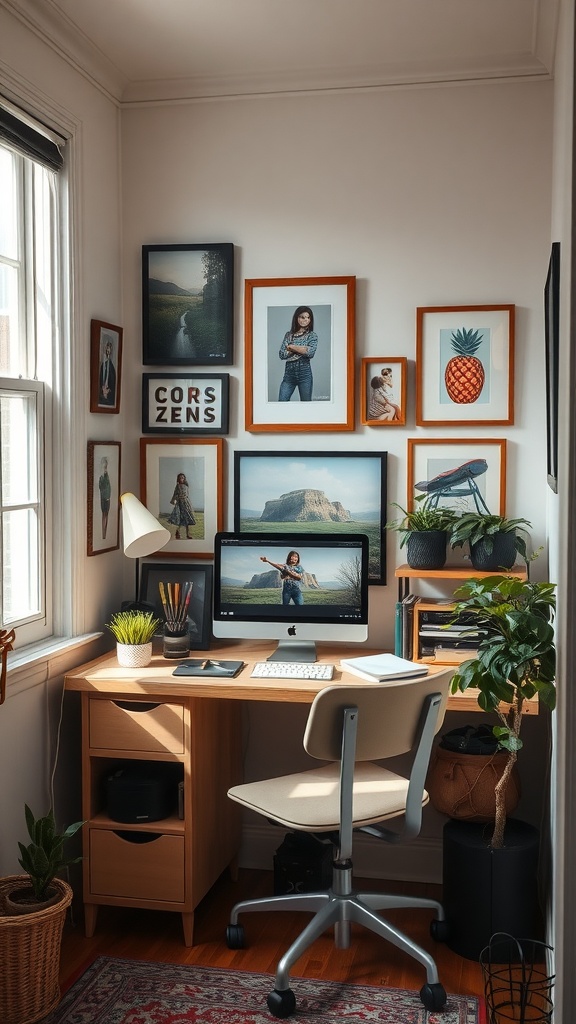 A cozy tiny home office with a desk, computer, and personal artwork on the walls.