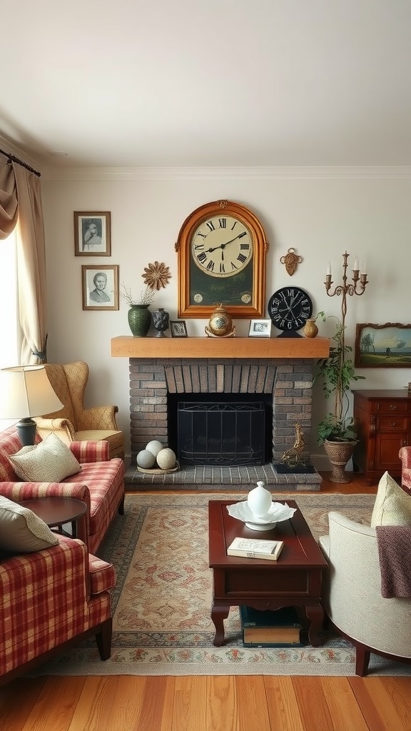 A cozy living room featuring a fireplace, comfortable seating, and personal heirlooms on display.