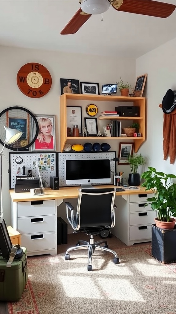 A masculine home office featuring personal decor, including framed photos and plants.