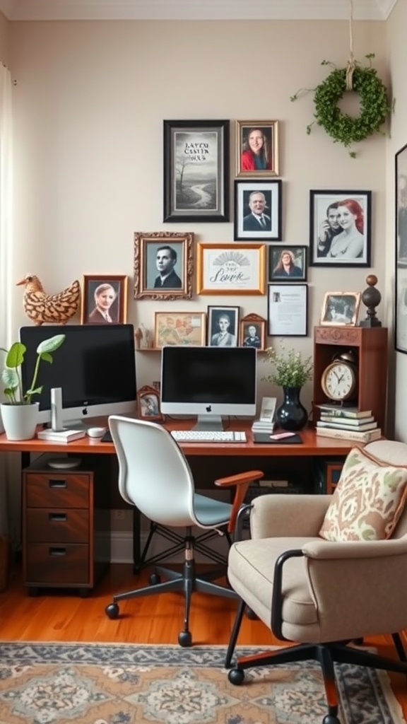 A small feminine home office with personal mementos, including framed pictures on the wall, plants, and a decorative chicken figurine.
