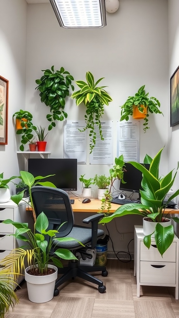 A small home office with various plants placed around the desk and walls, creating a fresh atmosphere.