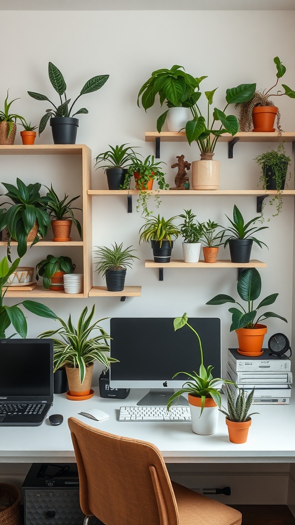 A home office with multiple potted plants on shelves and a computer desk.